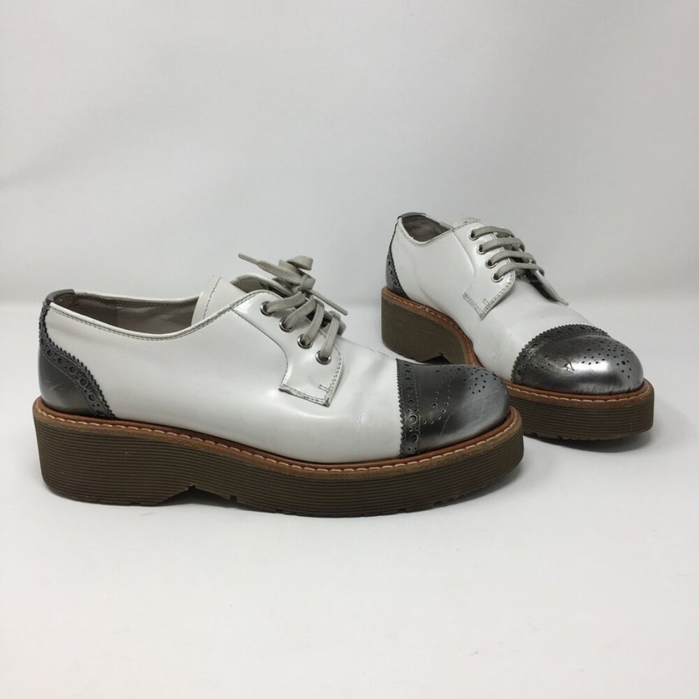 Prada Lace Up Platform Leather Brogue Shoes White leather Silver Toe Womens 39